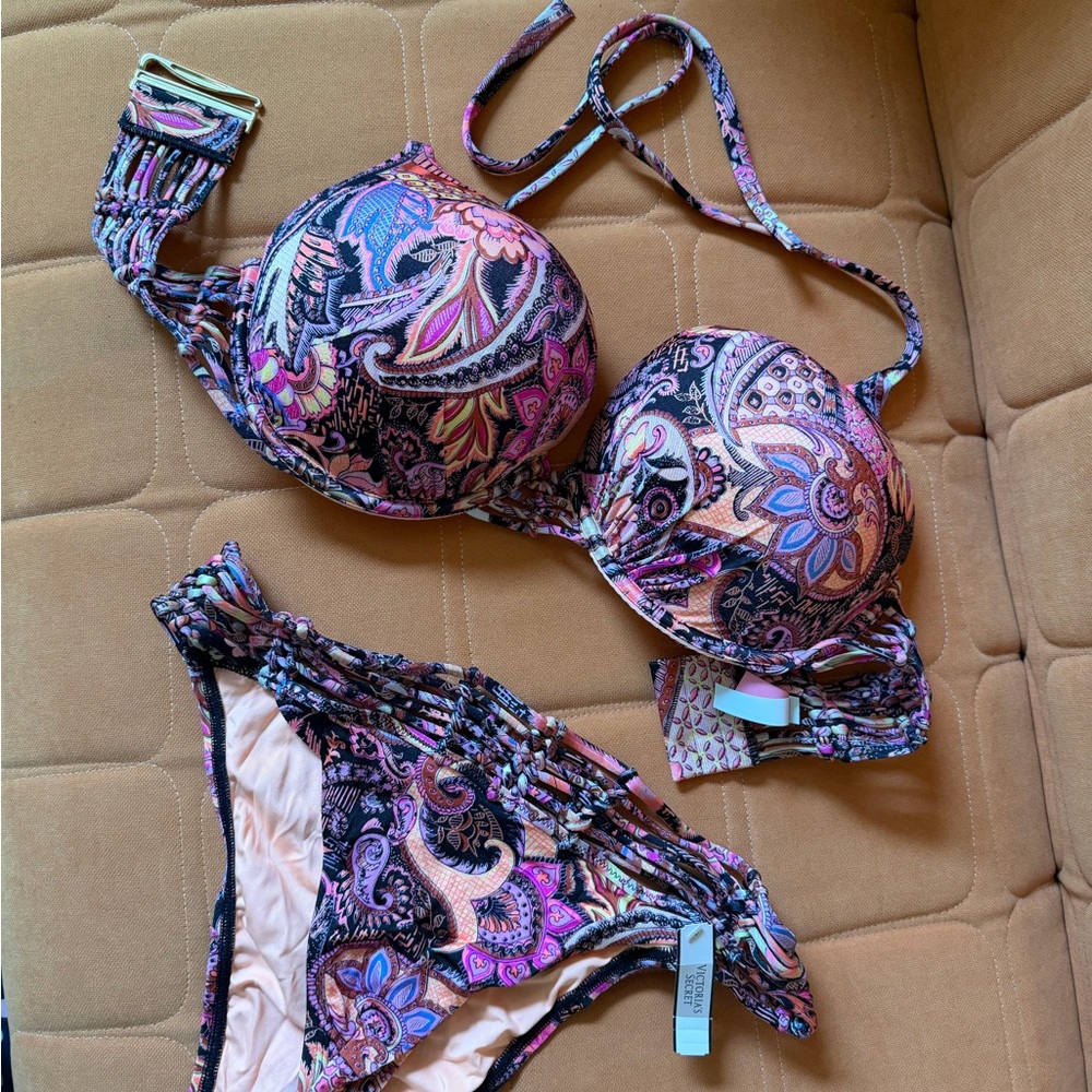 New Victoria's Secret Pink Paisley Push-Up bombshell Bikini 36D L